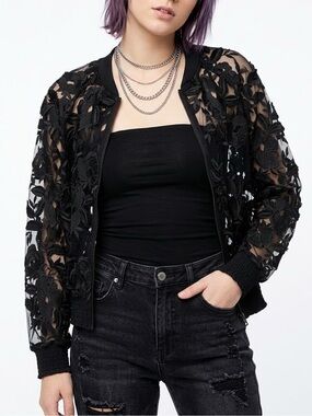 Elie Tahari Sheer Black Embroidered Lace Bomber Jacket - Women's Size Small